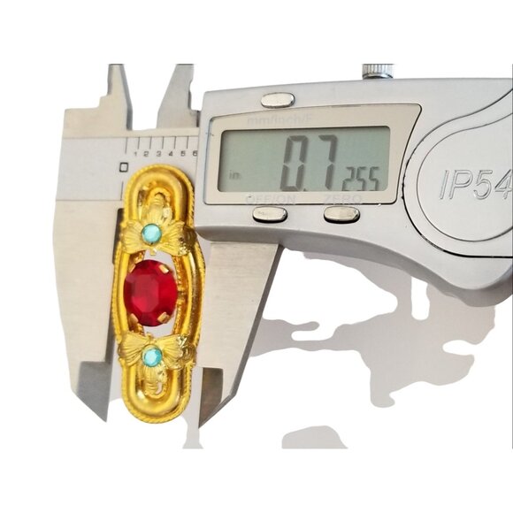 Czech Gold Tone Art Nouveau-style Red Prong Set Rhinestone Bar Brooch, M969 - Picture 7 of 8